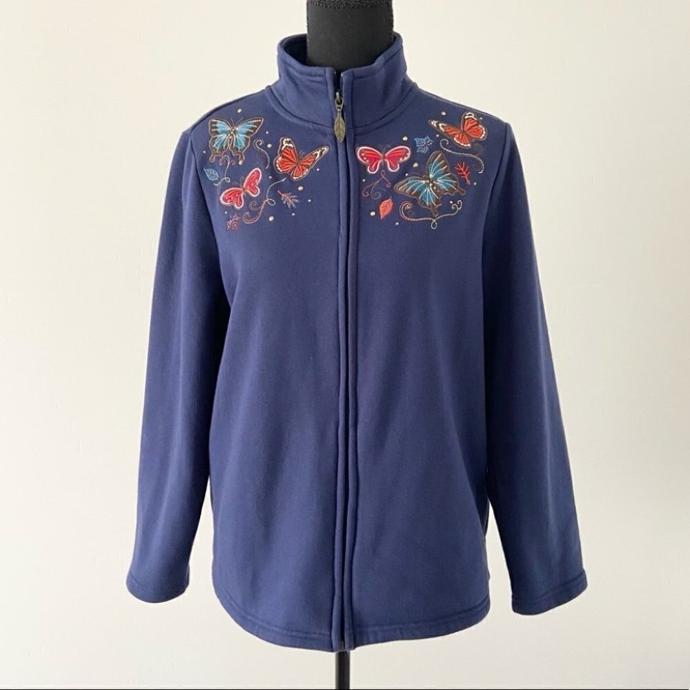 Tradition Floral Butterfly  Embroidered Full Zip Up Fleece Sweatshirt